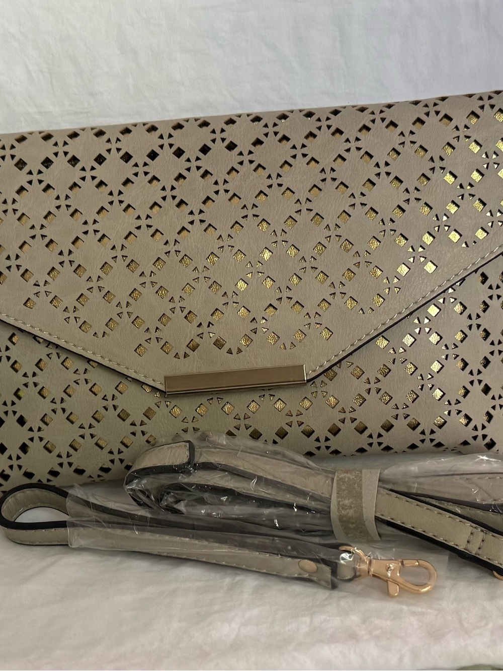 Taupe Laser-Cut Envelope Clutch with Gold Underlay